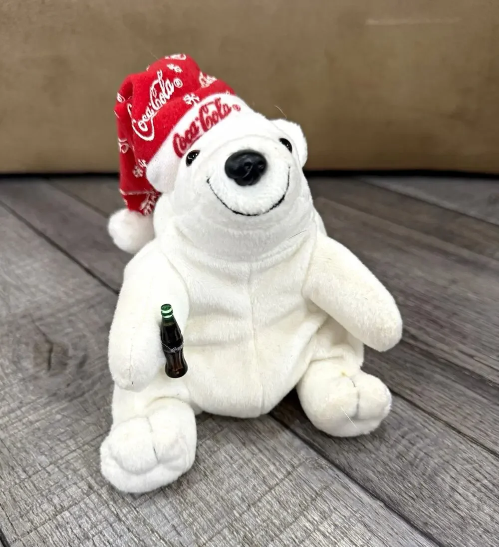 Coca-Cola Polar Bear Plush w/ Red Coca-Cola Hat & Bottle 1998 Soda Theme